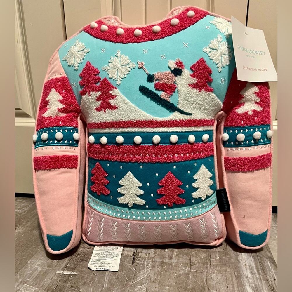 NWT Cynthia Rowley Christmas Sweater Shape Throw Pillow 17" Ski Winter Pink
